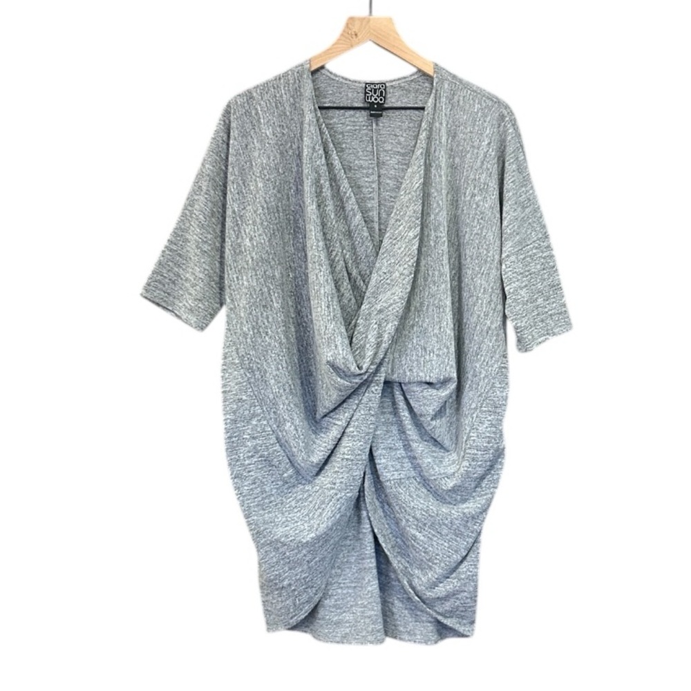 Clara Sun Woo Grey Heather Knit Crossover Twist Front Tunic Sweater Size Small